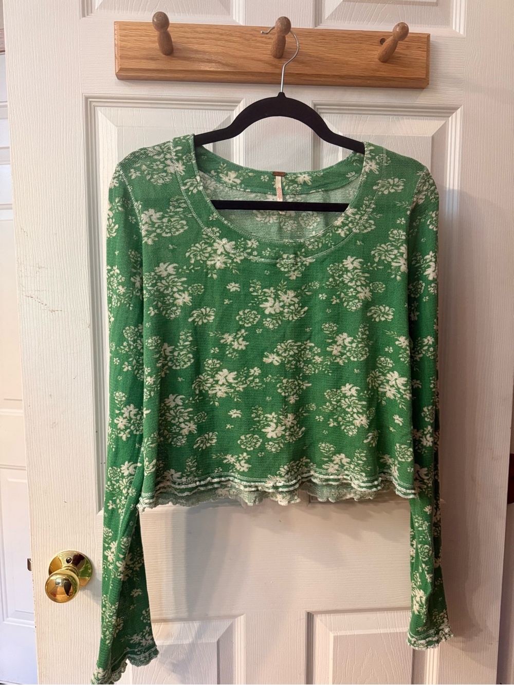 Free People Green Floral Scoop Neck Long Sleeve Tee